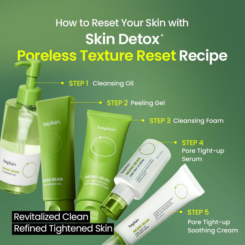 How to reset skin with beplain Mung Bean 5-step recipe: infographic showing oil, peeling gel, foam, serum, and cream