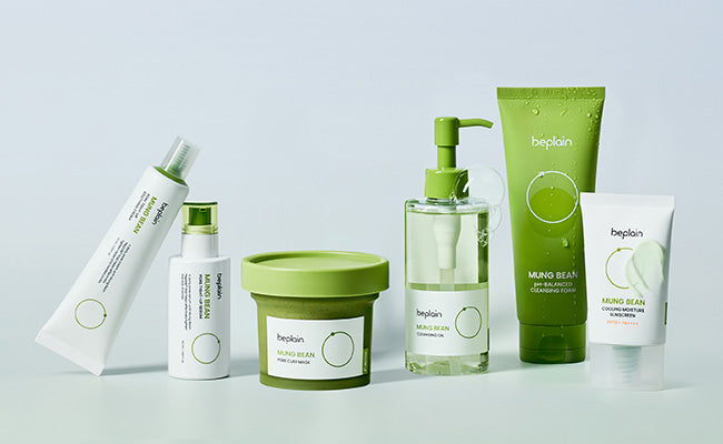Beplain Mung Bean full skincare lineup - Peptide Soothing Cream, Serum, Pore Clay Mask, Cleansing Oil, pH-Balanced Cleansing Foam, and Cooling Moisture Sunscreen product collection