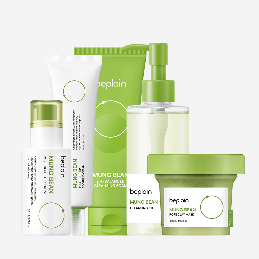 Beplain Mung Bean Poreless Filter Skin Recipe 5-piece Set - Cleansing Oil + Cleansing Foam + Pore Clay Mask + Peptide Serum + Soothing Cream