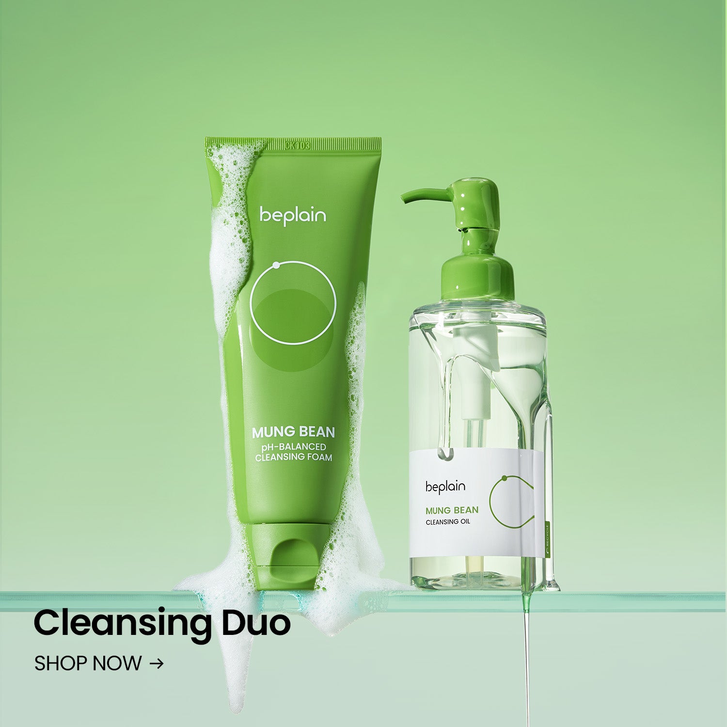 beplain Mung Bean Cleansing Duo: pH-Balanced Cleansing Foam and Pore Cleansing Oil set for deep cleansing