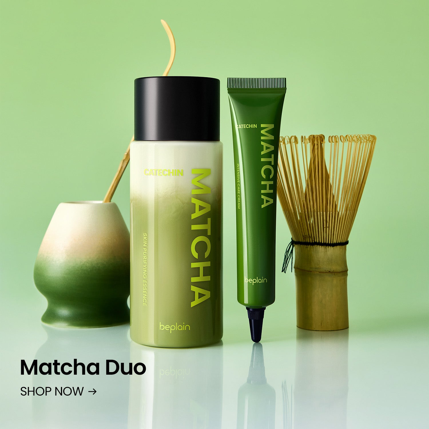 beplain Meet Our New Product: Matcha Catechin Toner launch banner featuring a model for healthy skin