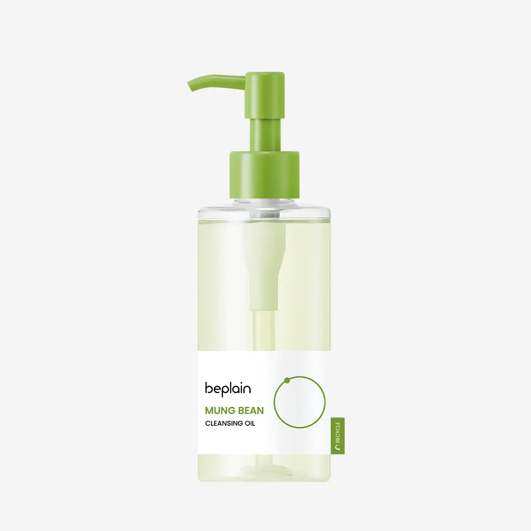 Beplain Mung Bean Cleansing Oil - front product shot with pump dispenser, recyclable packaging