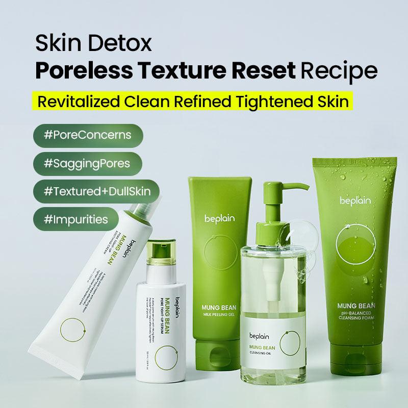 beplain Mung Bean Poreless Texture Reset Recipe featuring the full 5-item routine: cream, serum, peeling gel, oil, and foam